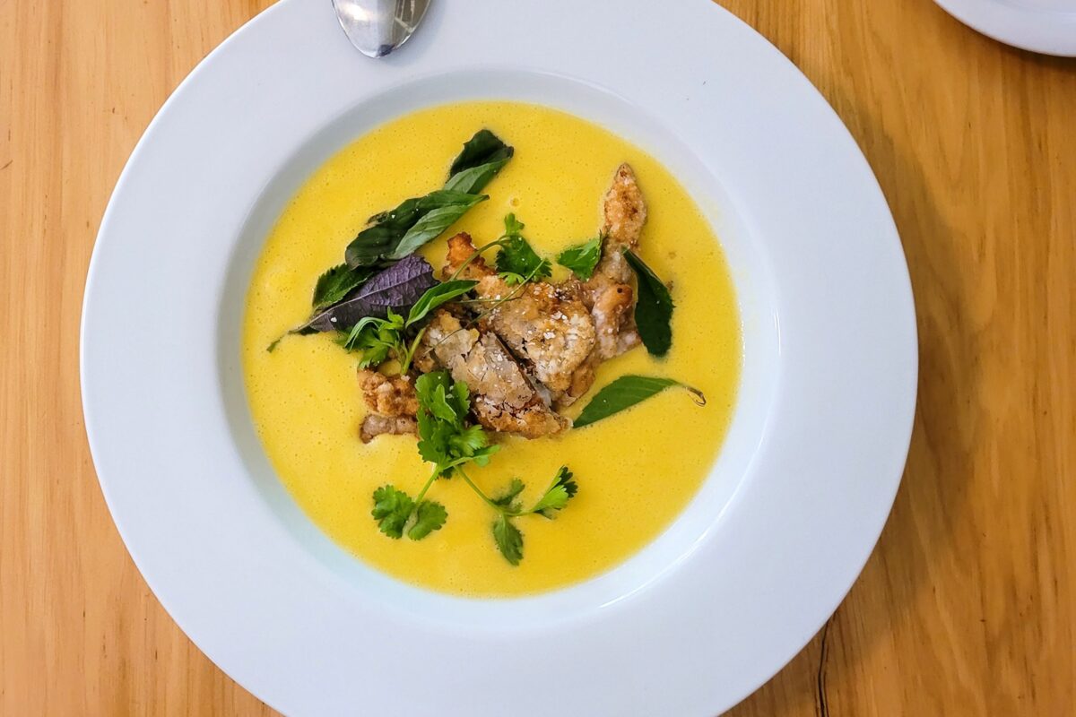 Soft shelled crab and corn soup from chef Mark Malicki's Tea Room dinner series Sunday, May 16, 2023 in Petaluma. (Heather Irwin/The Press Democrat)