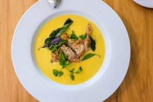 Soft shelled crab and corn soup from chef Mark Malicki's Tea Room dinner series Sunday, May 16, 2023 in Petaluma. (Heather Irwin/The Press Democrat)