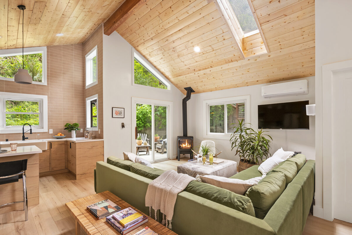 A vertical paneling visually warms the home which takes its design cues from an alpine chalet (Brian McCloud Photography)