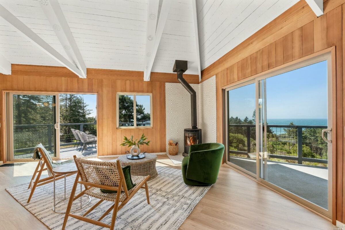A woodburning stove is updated with a geometric tile surround. (Bill Oxford Photography)