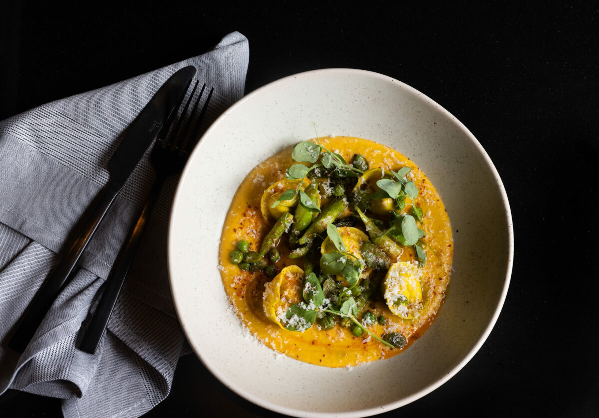 Ricotta Tortellini with pavas, peas, asparagus and delicata squash from Goldfinch restaurant Wednesday, May 24, 2023, in Sebastopol. (John Burgess/The Press Democrat)