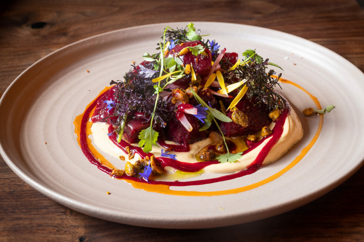 Fire Roasted Beets with caramelized yoghurt, pistachios and quick pickled onion from Goldfinch restaurant in Sebastopol. (John Burgess / The Press Democrat)