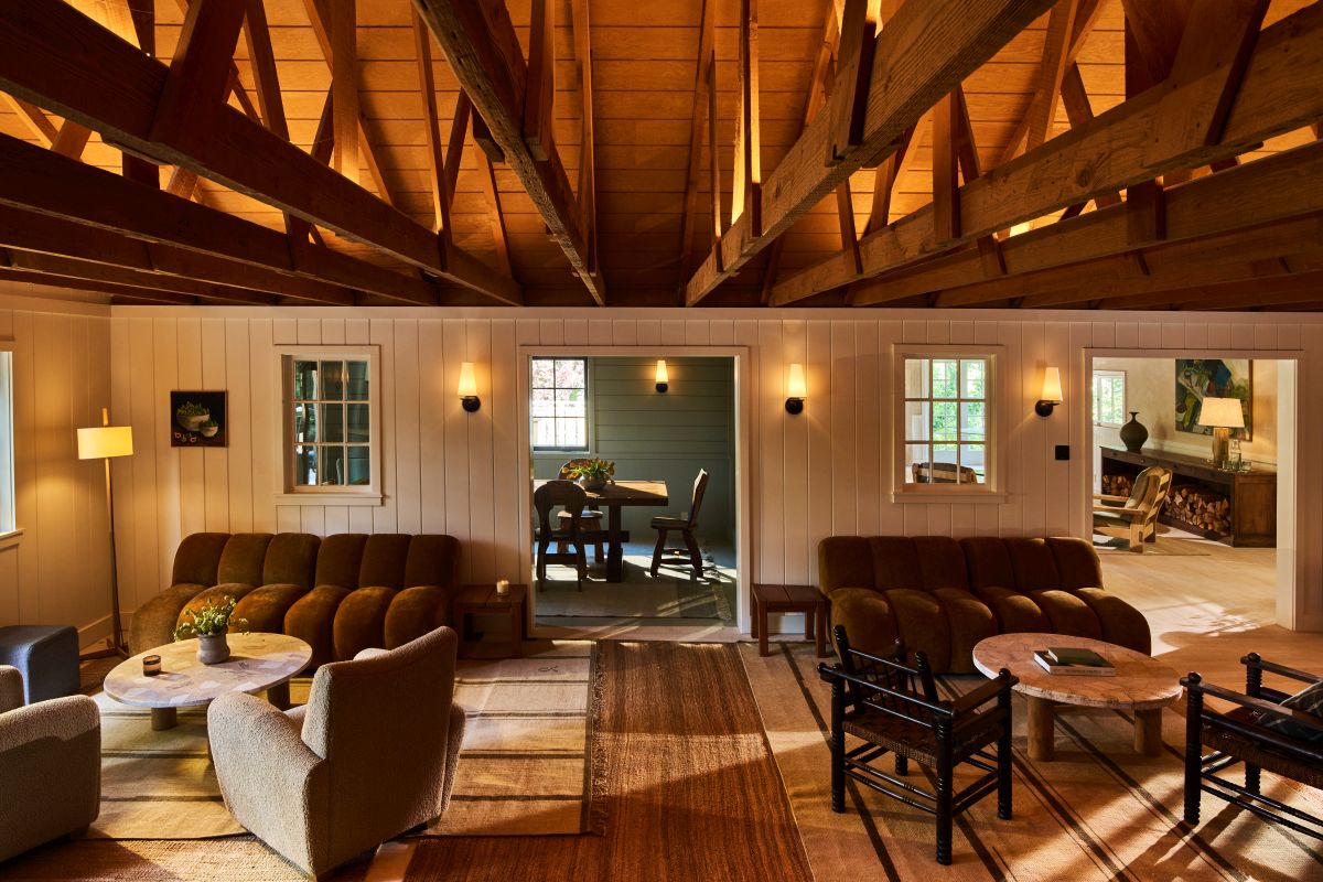 Original to the Dawn Ranch property, the 1900s-era lodge guests see when they first arrive is now home to a restaurant, bar and lounge area, where the original redwood paneling still shines behind the bar. (Gentl and Hyers/Dawn Ranch)