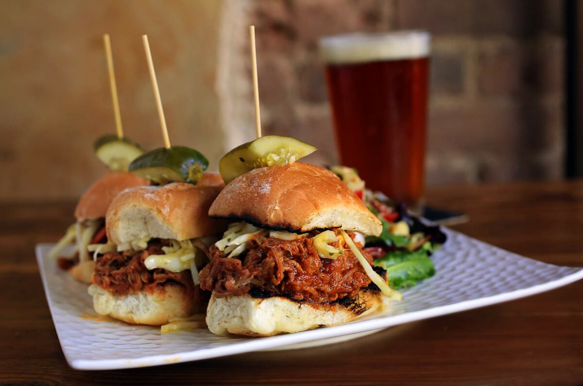 Three Pulled Pork Sliders from Belly Left Coast Kitchen & Taproom in Santa Rosa. (John Burgess/The Press Democrat)