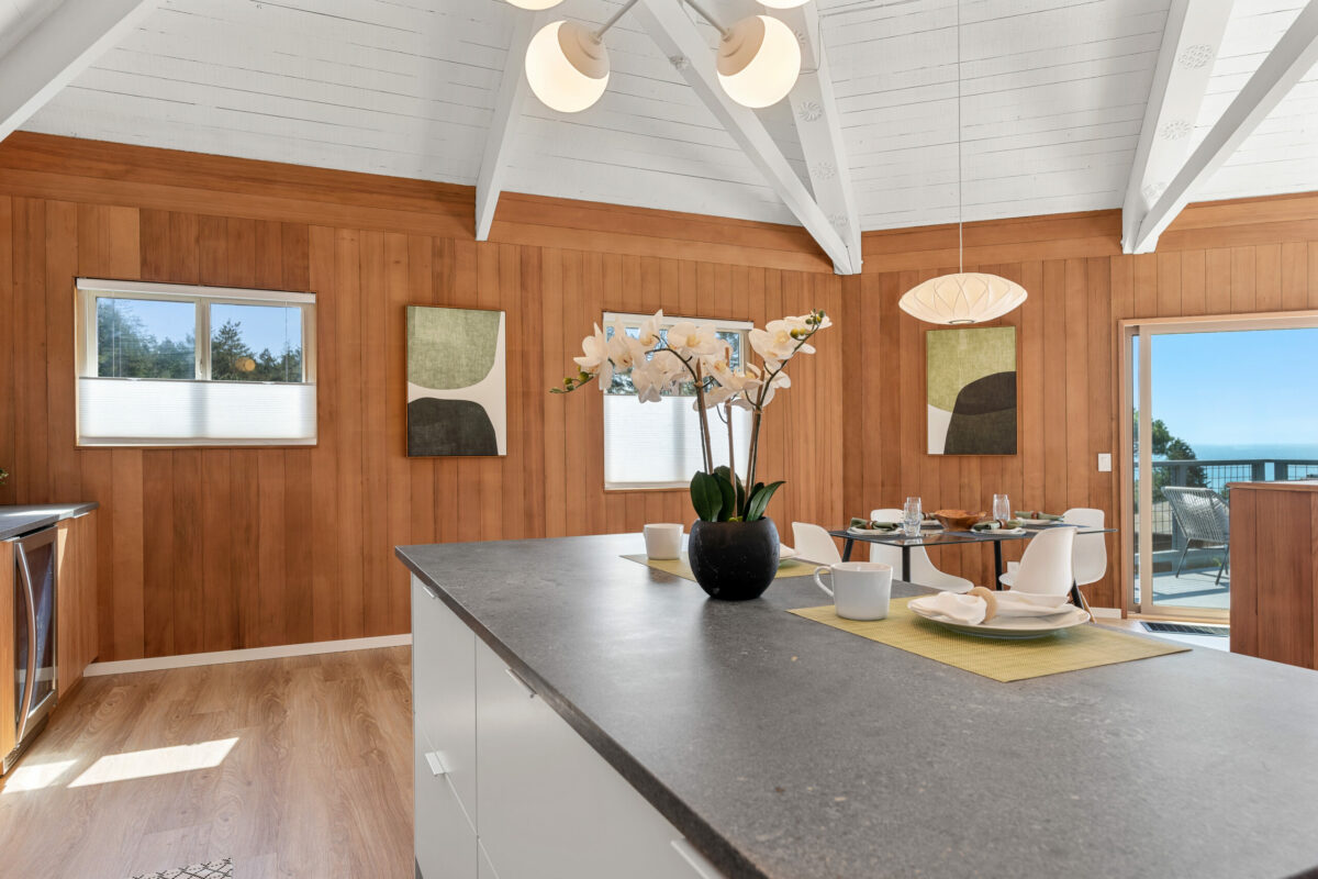 Caesarstone counters, geometric art and Herman Miller lighting are a natural fit for this Sea Ranch home. (Bill Oxford Photography)