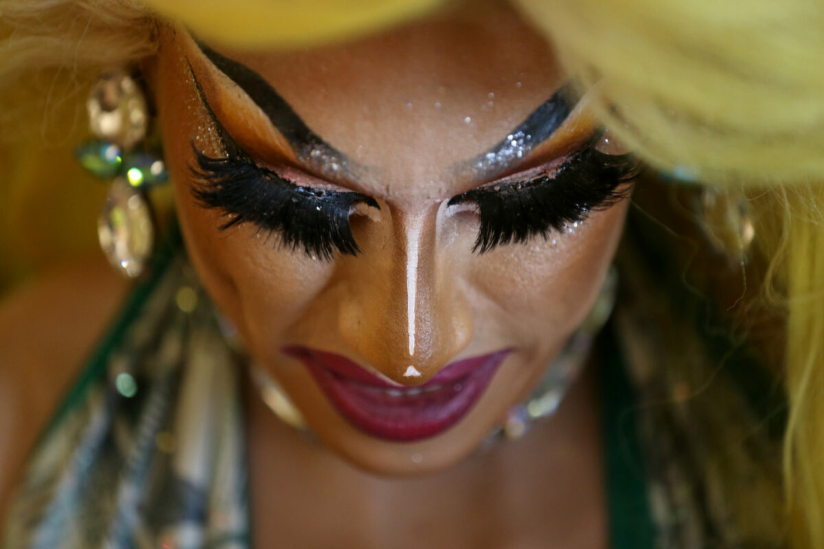 Delilah Befierce gets ready in the dressing room during the Drag Brunch hosted by THTR Productions at the Flamingo Resort hotel in Santa Rosa, Calif., Sunday, February 5, 2023. (Beth Schlanker/The Press Democrat)