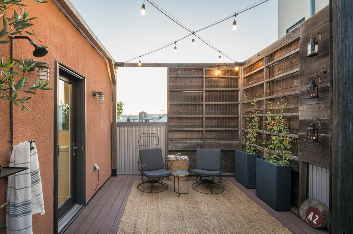 The rooftop patio has an outdoor shower. (Adam Potts)