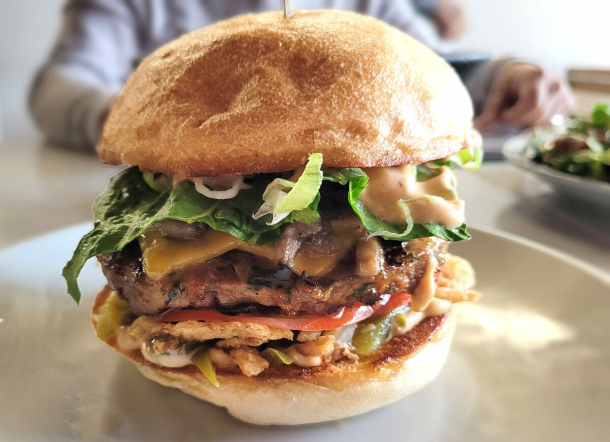 Mushrooom Gouda burger at Cozy Plum in Sebastopol. (Heather Irwin / Sonoma Magazine)