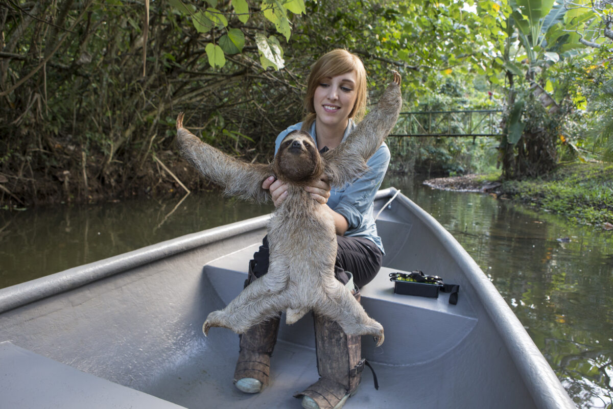 Dr. Rebecca Cliff, sloth biologist, holding a sloth while traveling in a boat to a release site at Aviarios Sloth Sanctuary in Costa Rica. (Photo by Suzi Eszterhas)