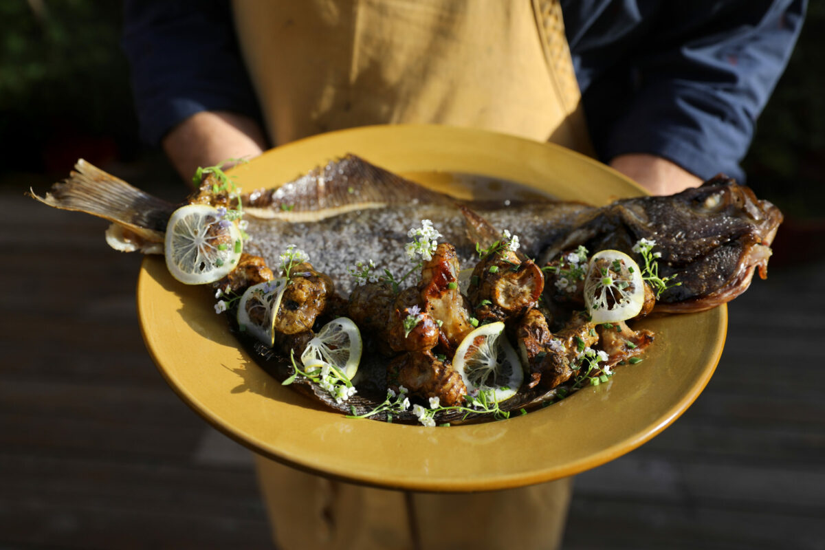 Mendocino Petrale sole with sunchokes, Meyer lemon, garlic chives and alyssum flowers at the Boonville Hotel. (Beth Schlanker/The Press Democrat)