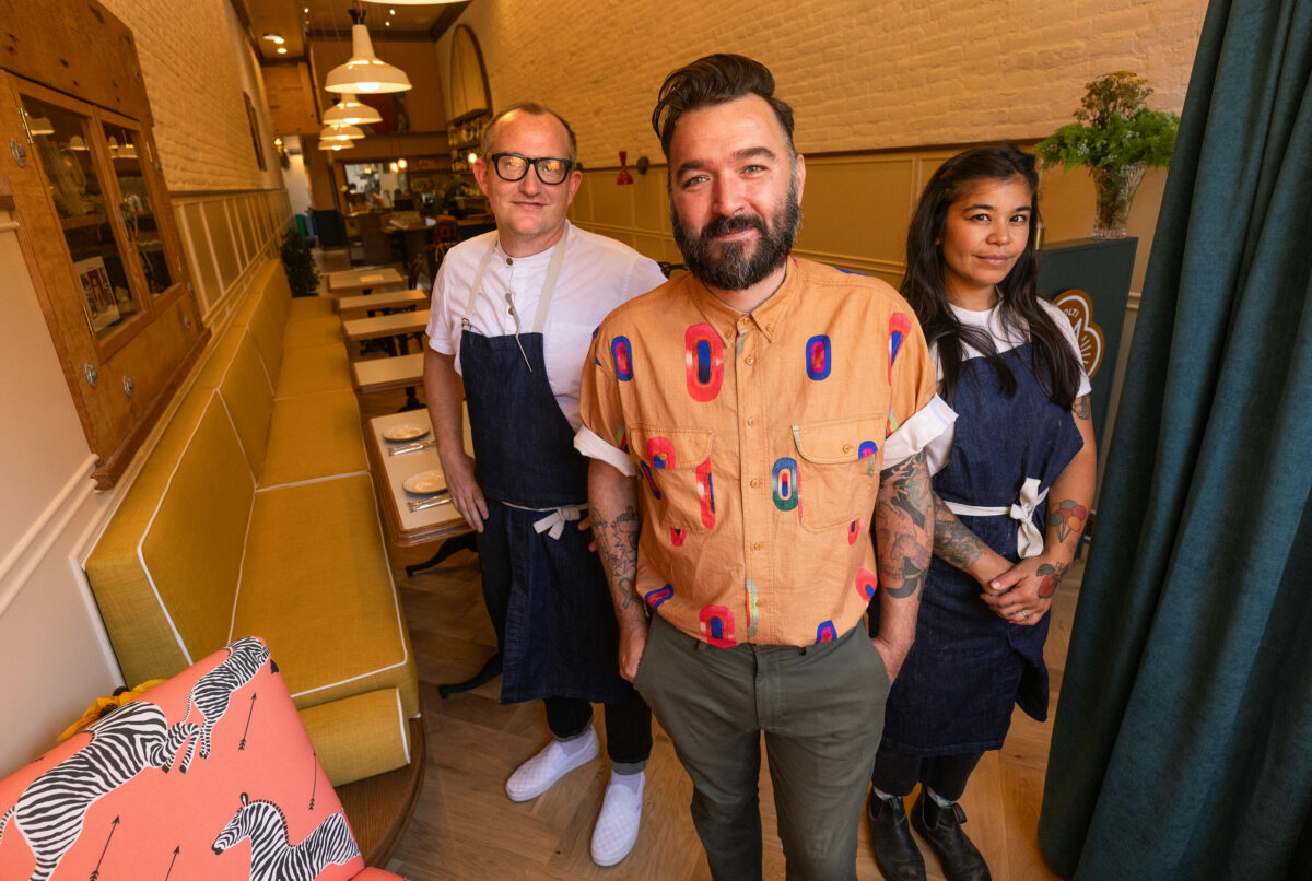 From left, chef Sean McGaughey, Jonny Barr and Melissa Yanc are the team behind Molti Amici in Healdsburg, Wednesday, July 19, 2023. (John Burgess/The Press Democrat)