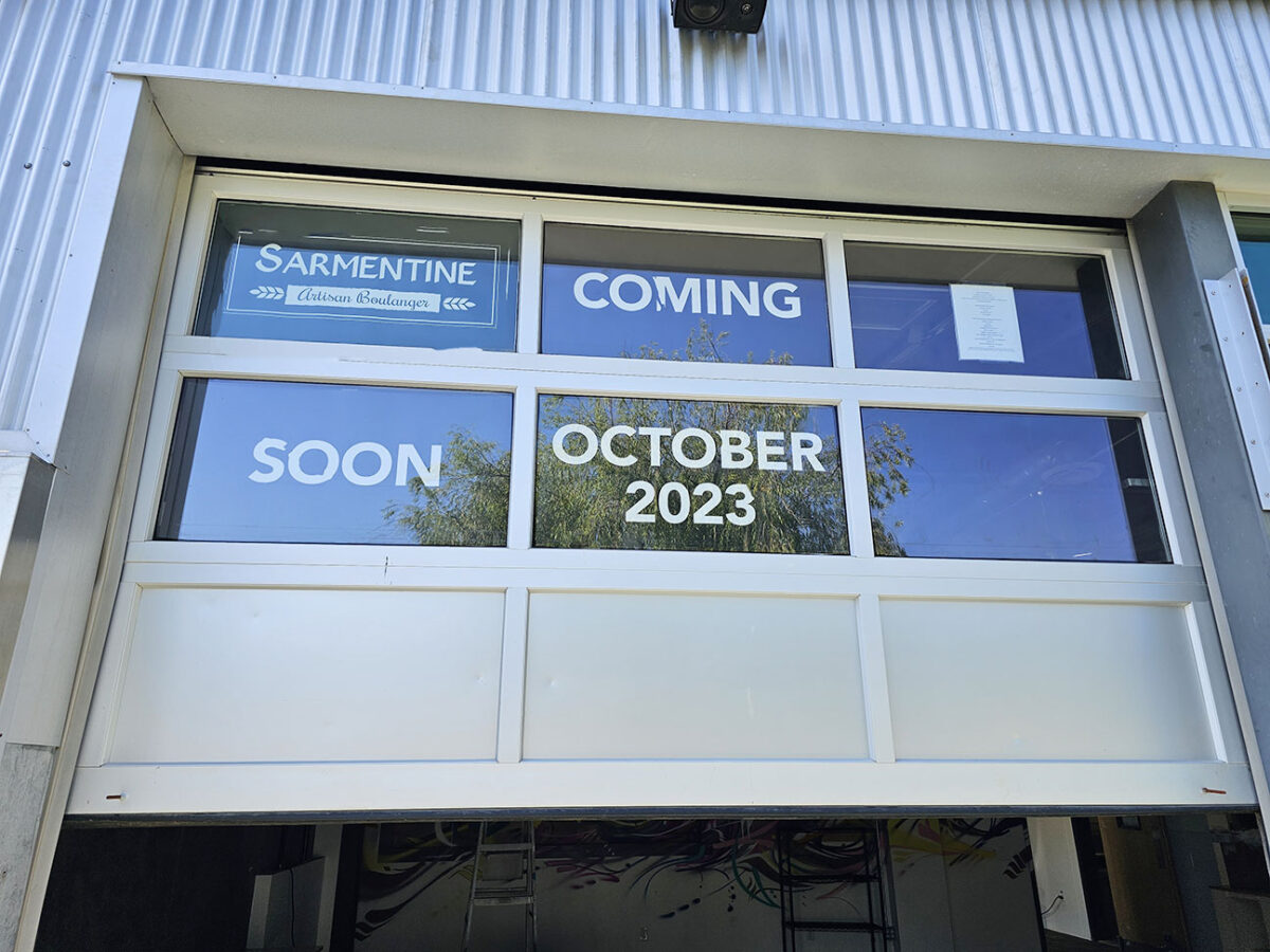 A sign on the door of the upcoming Sarmentine bakery in Sebastopol. (Heather Irwin/The Press Democrat)
