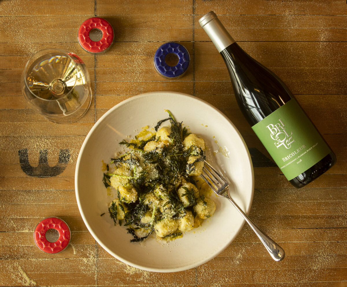 Ricotta Gnudi, with a brown butter, sage and butternut squash sauce, paired with the Bricoleur 2018 Russian River Valley Unoaked Chardonnay from Chef Shane McAnelly's tasting menu at the new Bricoleur Vineyards in Windsor on Thursday, February 18, 2021. (Photo by John Burgess/The Press Democrat)
