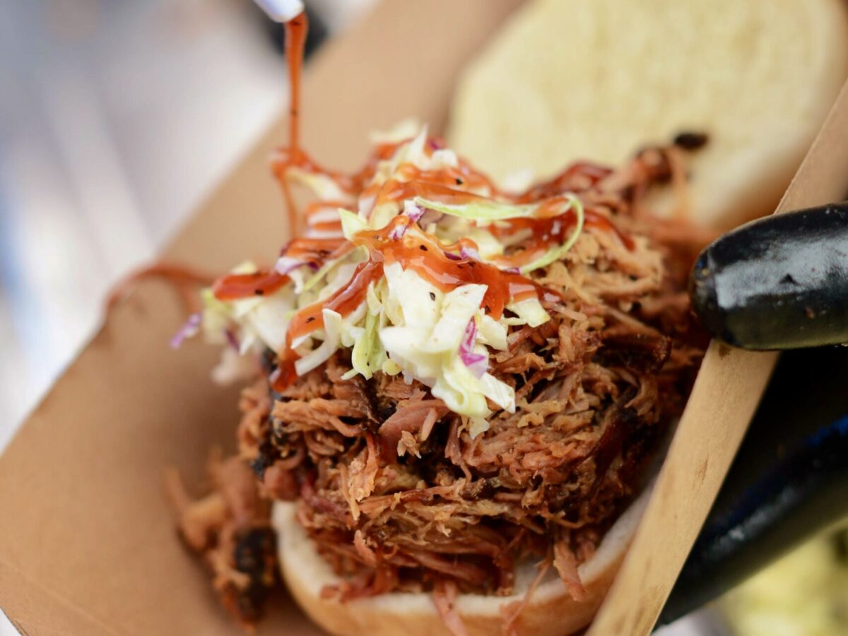 A pulled pork sandwich prepared by Camacho's during the RateBeer Best International Beer Festival held at the Sonoma County airport on Sunday, Jan. 31, 2016. (Erik Castro / for The Press Democrat)