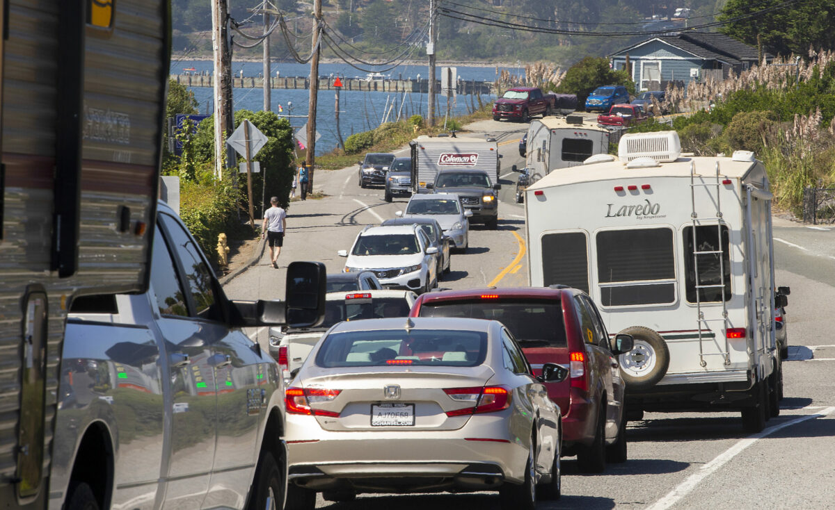 Bumper-to-bumper Labor Day traffic on Highway 1 in Bodega Bay. (John Burgess/The Press Democrat)