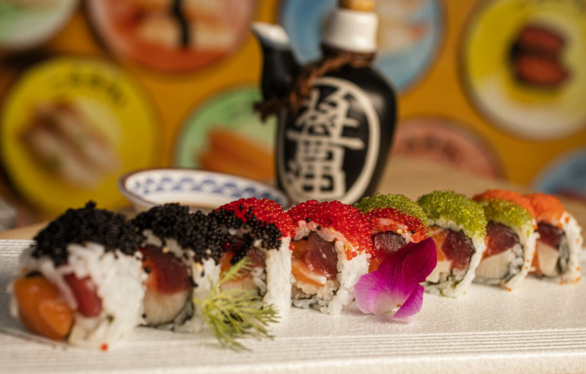 The Paradise Roll with salmon, tuna and yellowtail topped in four different kinds/colors of fish eggs from Ippin Sushi in Santa Rosa. (John Burgess / The Press Democrat)