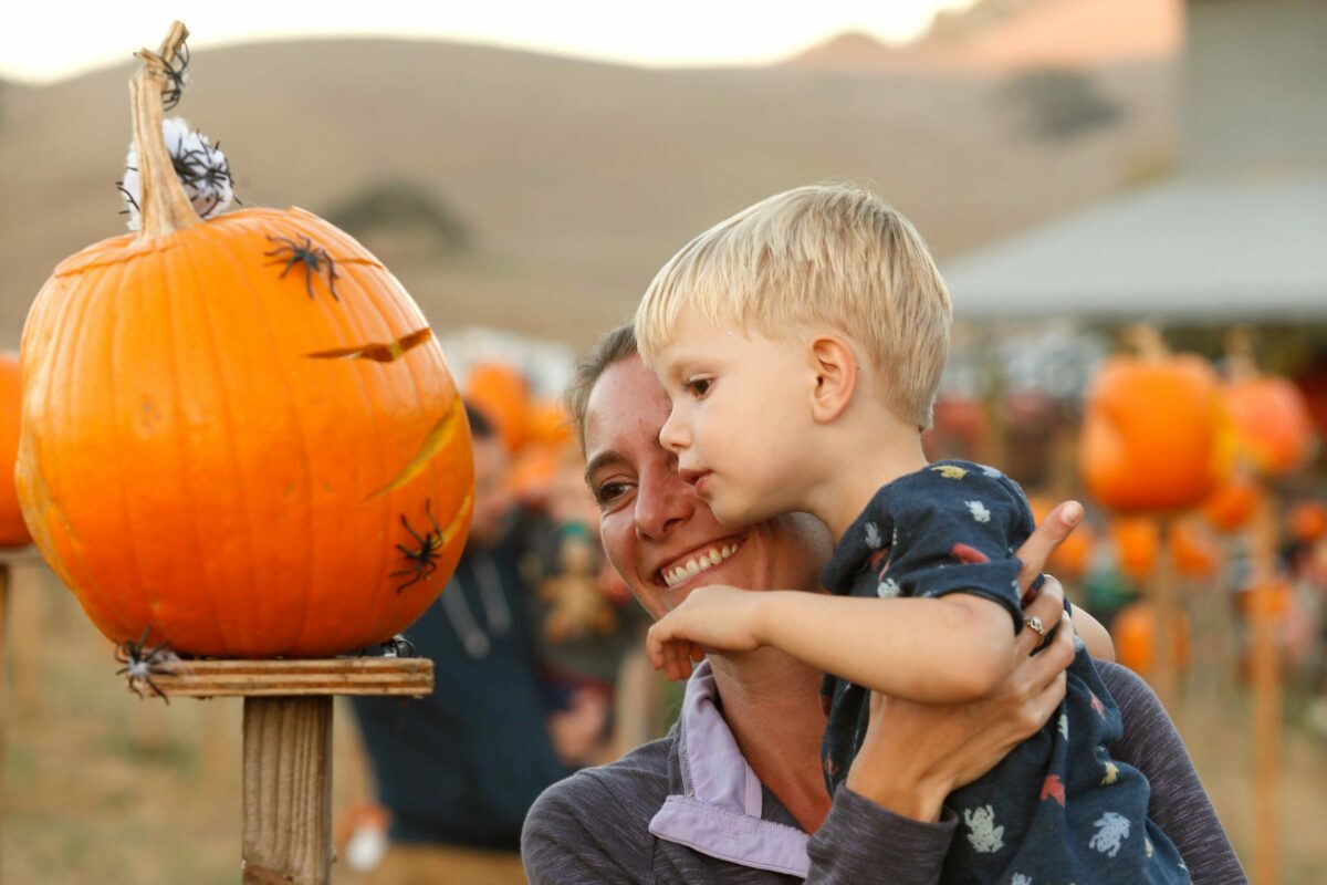Aspen Meyer and her son Axel Cummings, 3, take a closer look at a jack-o-lantern during Pumpkins on Pikes, a fundraising event which benefits the youth experience program at Tara Firma Farms in Petaluma, California, on Saturday, October 20, 2018. (Alvin Jornada / The Press Democrat)