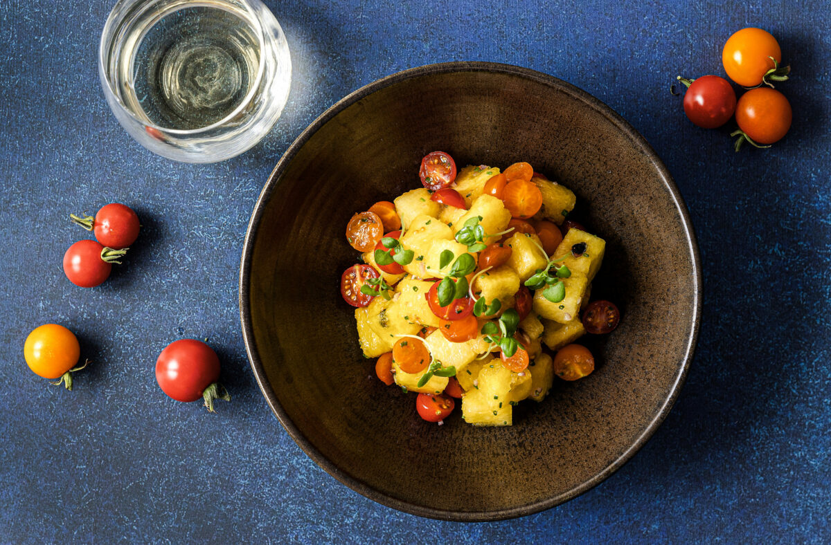 Watermelon and Tomato Salad with baby orchid yellow watermelon, cherry tomatoes, baby basil in honey viognier vinaigrette from Chef Jennifer McMurry of Bloom Carneros in Sonoma, Wednesday, Aug. 16, 2023. (John Burgess / The Press Democrat)