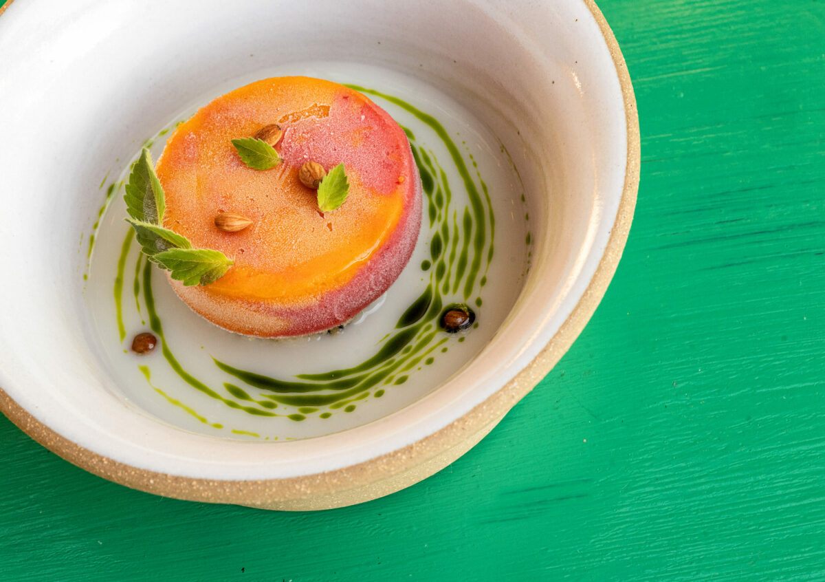 Stone Fruit with Almond and Basil from Second Story, the new vegan restaurant upstairs at Little Saint in Healdsburg. (John Burgess/The Press Democrat)