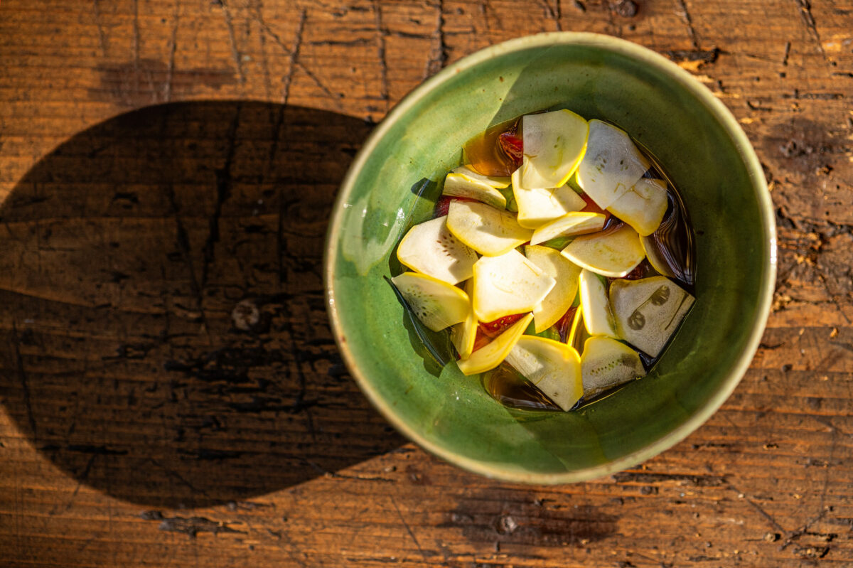Summer Vegetables with Smoked Tomatoes and Miso from the vegan prix fixe menu from chef Stu Stalker on weekends at Second Story, the new upstairs restaurant at Little Saint in Healdsburg September 8, 2023. (John Burgess/The Press Democrat)