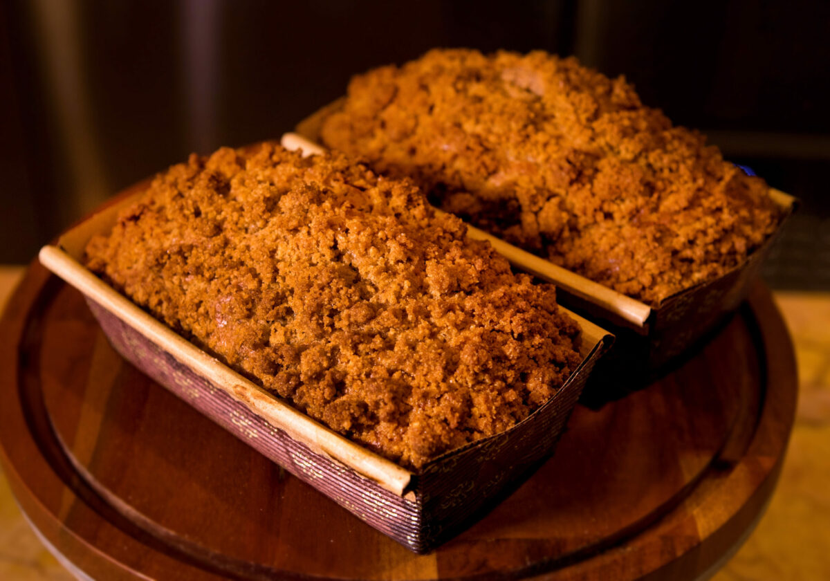 Pear crumble brandy cake with chopped walnuts at Nightingale Breads in Forestville. (Darryl Bush / For The Press Democrat)