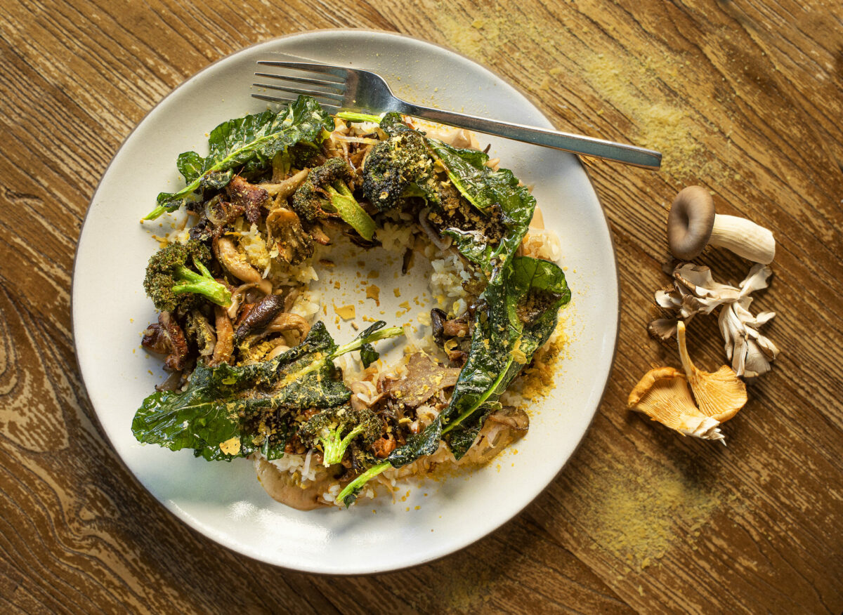 The Umami Bomb from Fern Bar includes mushrooms, shiitake "cream, broccoli, sticky rice, balsamic and nutritional yeast. (John Burgess/The Press Democrat)