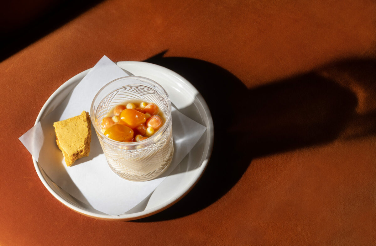 Blancmange with honey comb candy pear and tuille from Luma Bar and Eatery in Petaluma Thursday, February 16, 2023. (John Burgess/The Press Democrat)