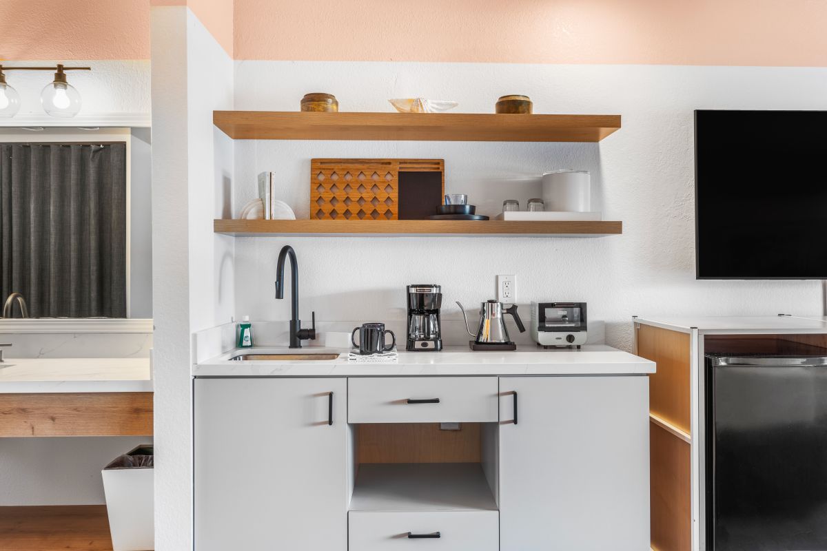 Kitchenette in a guestroom at the Sandman in Santa Rosa