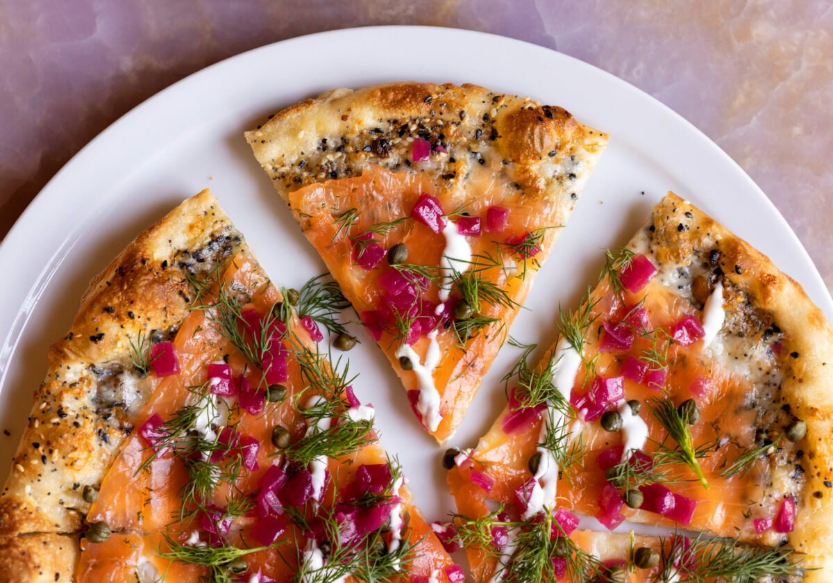 A smoked salmon pizza with capers and dill from the weekend brunch menu at The Madrona in Healdsburg, Friday, July 14, 2023. (John Burgess / The Press Democrat)