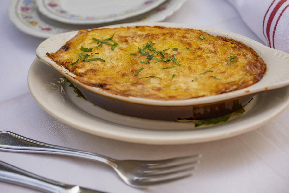 Vegetarian Shepherd's Pie made with Beyond Beef, peas, Swiss chard, celery, shiitake, cremini and porcini mushrooms, caramelized eggplant, vegetable demi, and mashed Yukon Gold potatoes at La Bodega Kitchen in Sebastopol. (Chad Surmick / The Press Democrat)