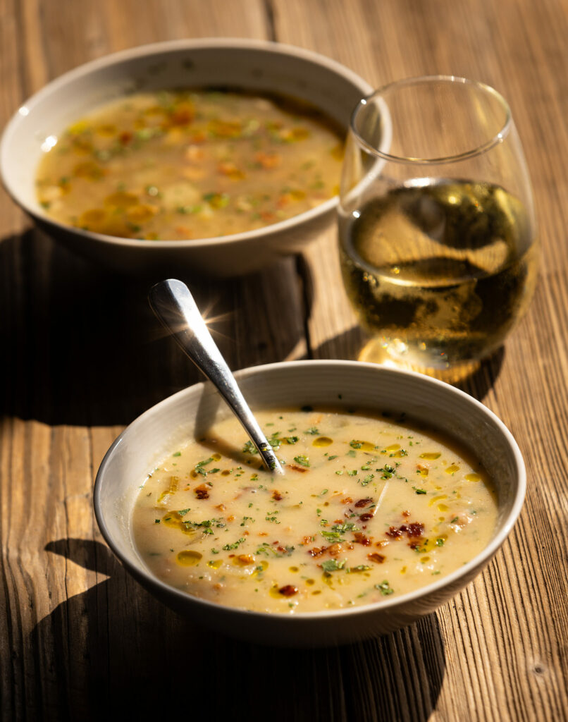 Rhode Island Clear, top, and New England Creamy Clam Chowders from Nick’s Cove Restaurant on Tomales Bay Monday, September 18, 2023. (John Burgess/The Press Democrat)