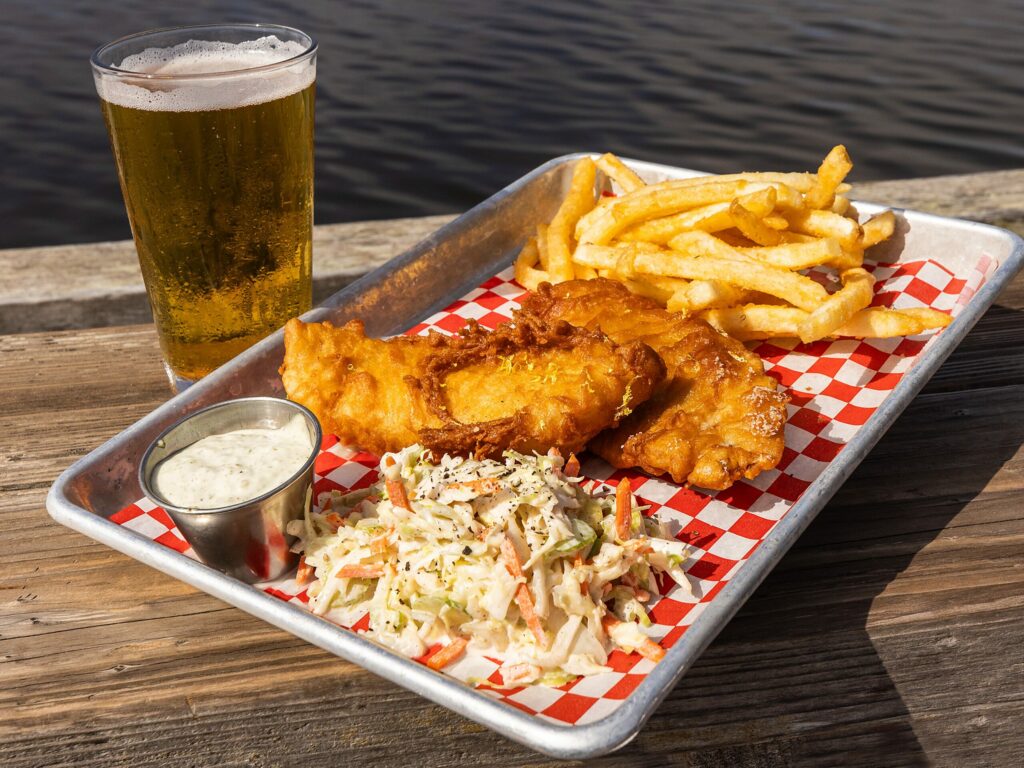 The crispiest Famous Fish & chips with cole slaw and fries from Nick’s Cove Restaurant on Tomales Bay Monday, September 18, 2023. (John Burgess/The Press Democrat)