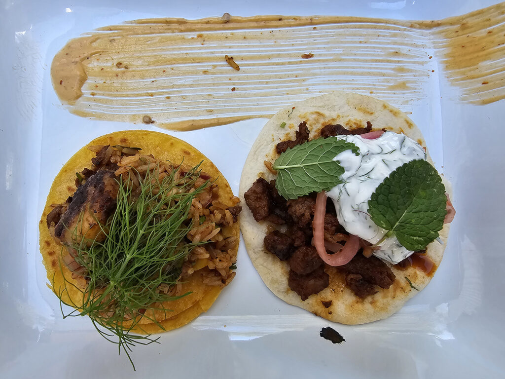 Jambalaya and gyro-style Greek tacos at Osita Style Tacos at the Barlow in Sebastopol (formerly Barrio). (Heather Irwin/Sonoma Magazine)