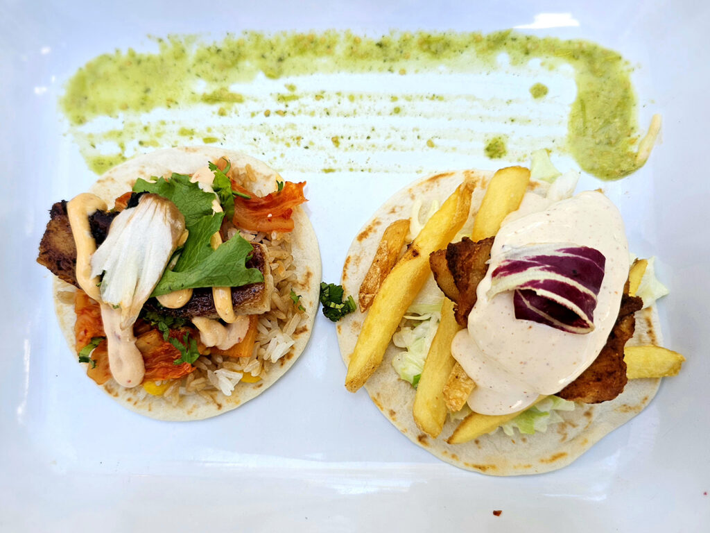 Pork belly and kimchi taco, fish and chips taco at Osito Style Tacos at the Barlow in Sebastopol (formerly Barrio). (Heather Irwin/Sonoma Magazine)