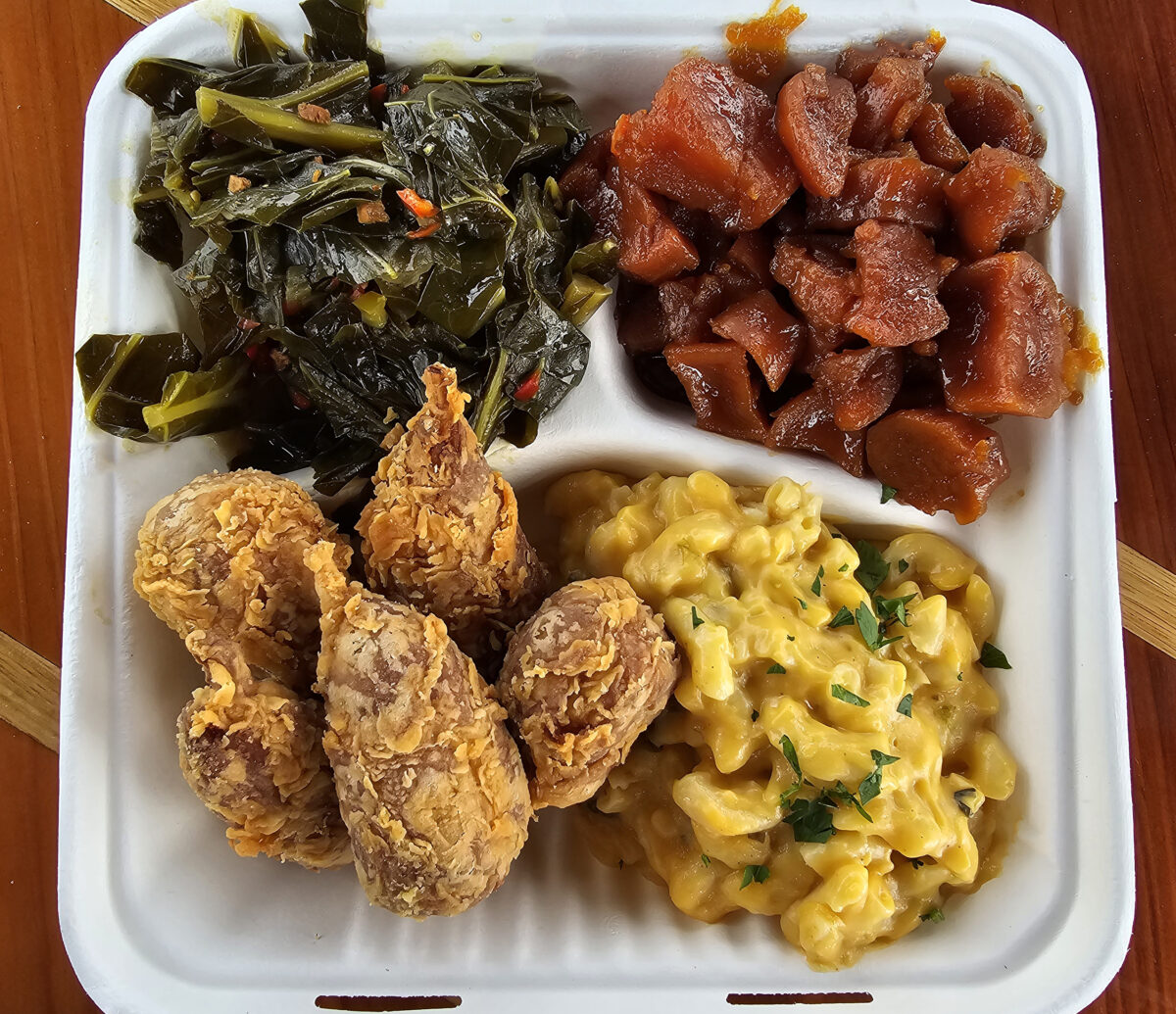 A plate of vegan soul food from Vegan Mob in Santa Rosa. (Heather Irwin/The Press Democrat)