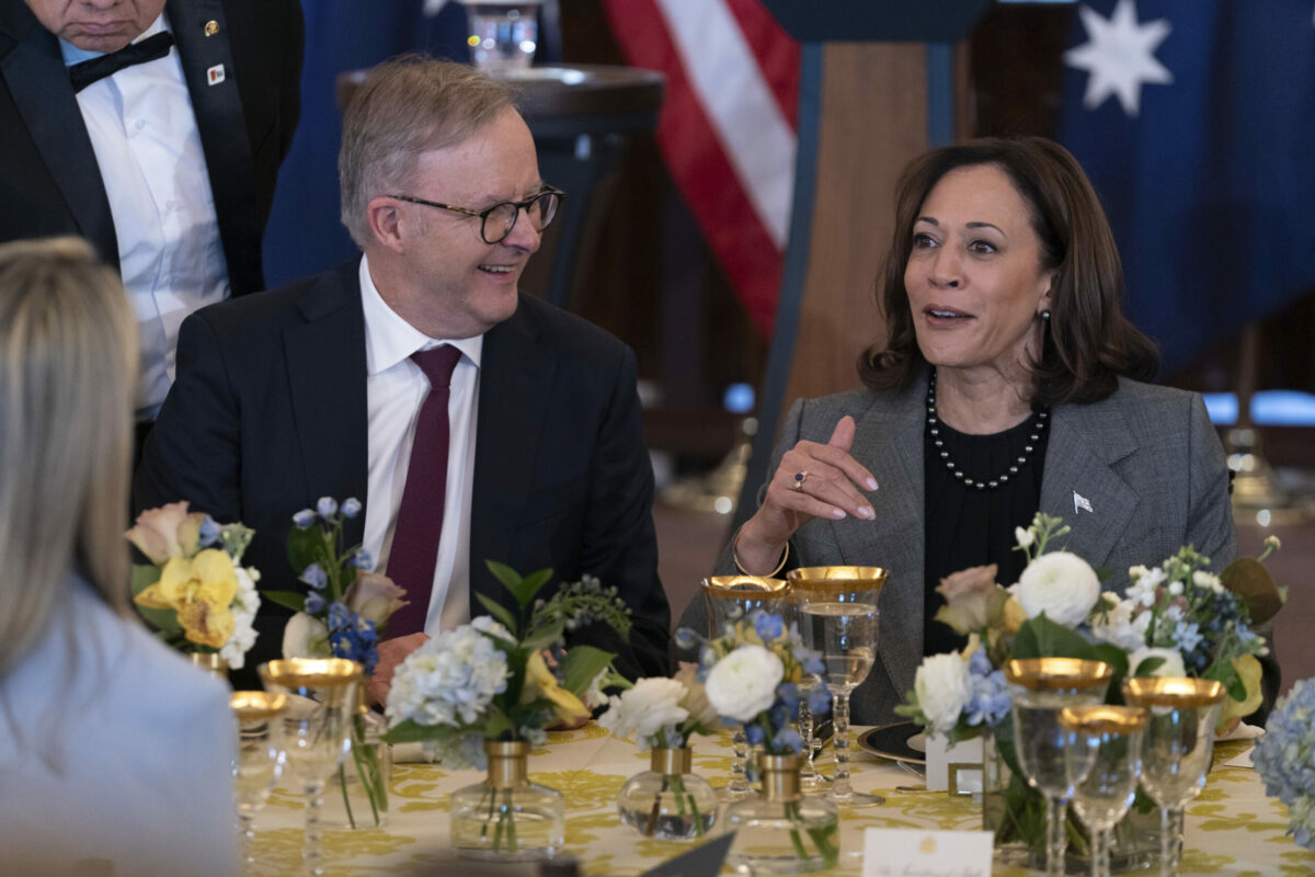 Vice President Kamala Harris accompanied by Australia's Prime Minister Anthony Albanese speaks during a state luncheon at the State Department in Washington, Thursday, Oct. 26, 2023. (AP Photo/Jose Luis Magana)