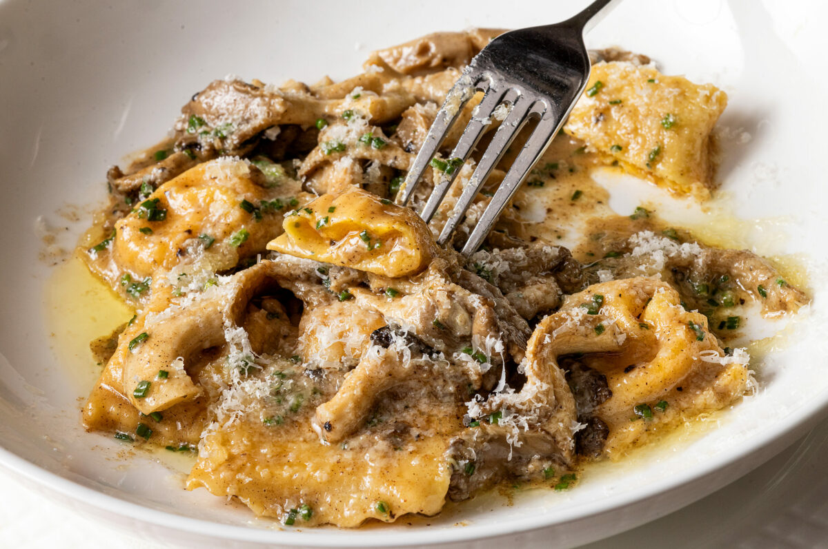 Autumn Frost Squash Agnolotti, Lino’s mushrooms, black garlic, brown butter and sage from the Dry Creek Kitchen Thursday, November 2, 2023, in Healdsburg. (John Burgess/The Press Democrat)