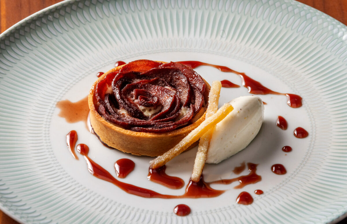 Poached Pear Frangipane Tart with red wine reduction, mascarpone and candied orange from the Dry Creek Kitchen Thursday, November 2, 2023 in Healdsburg. (Photo John Burgess/The Press Democrat)