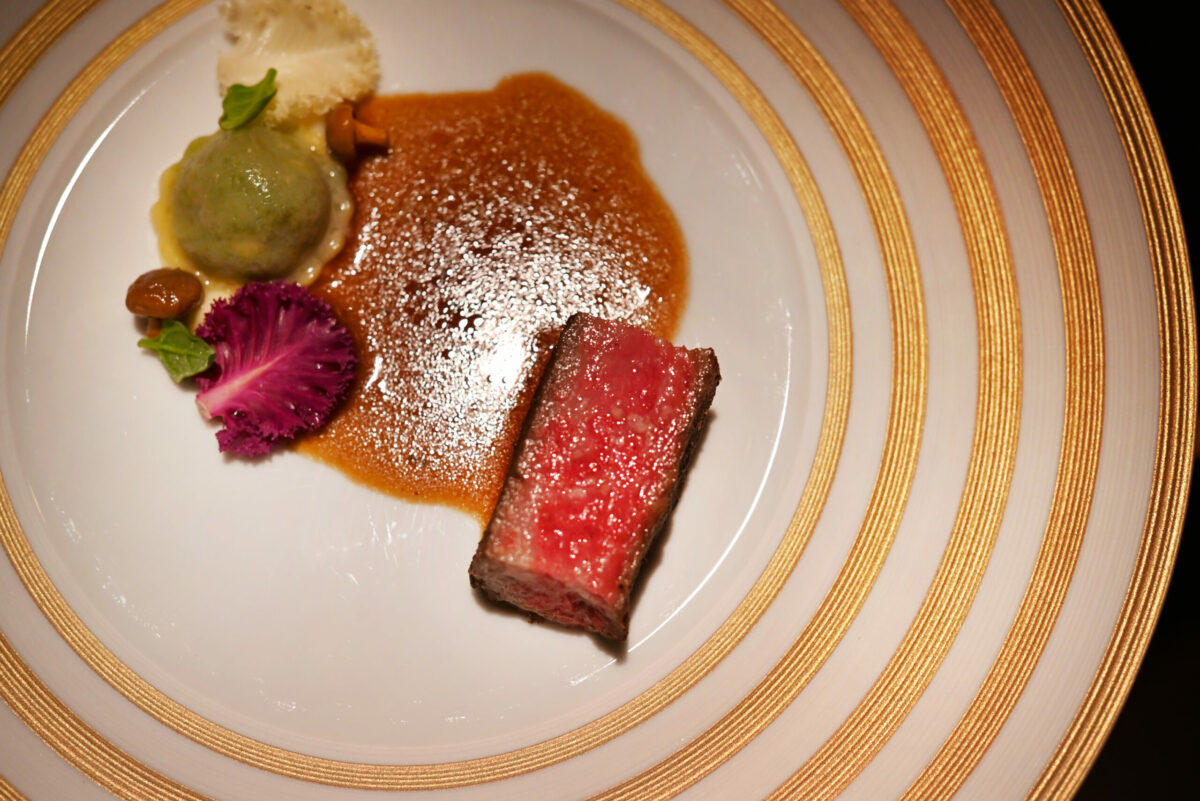 Dry-aged A5 Japanese wagyu with bok choy ravioli, golden chanterelles in a sauce Perigourdine at Auro restaurant in Calistoga, Calif. on Thursday, Dec. 8, 2022. (Erik Castro / For The Press Democrat)