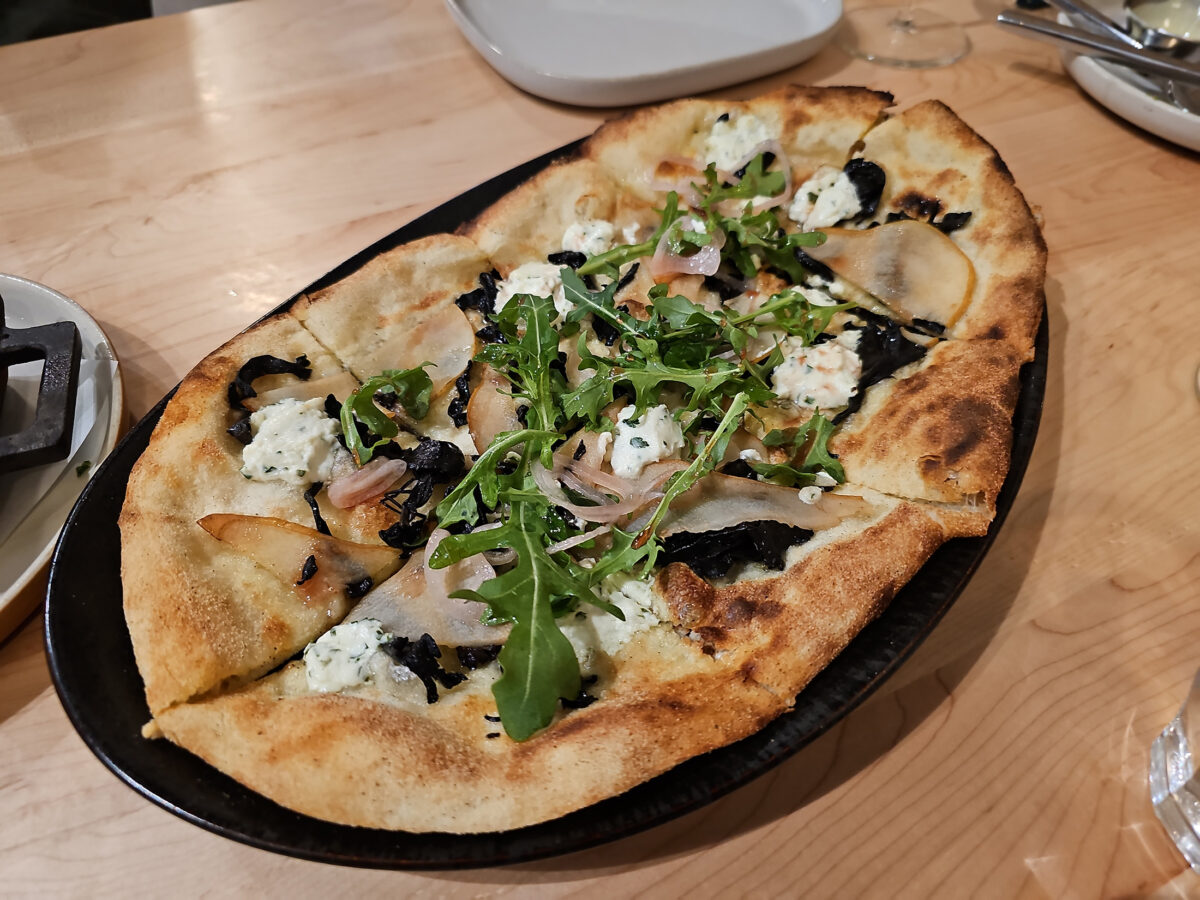 Farmer’s Flatbread with pears and arugula at Luma restaurant in Petaluma. (Heather Irwin/The Press Democrat)