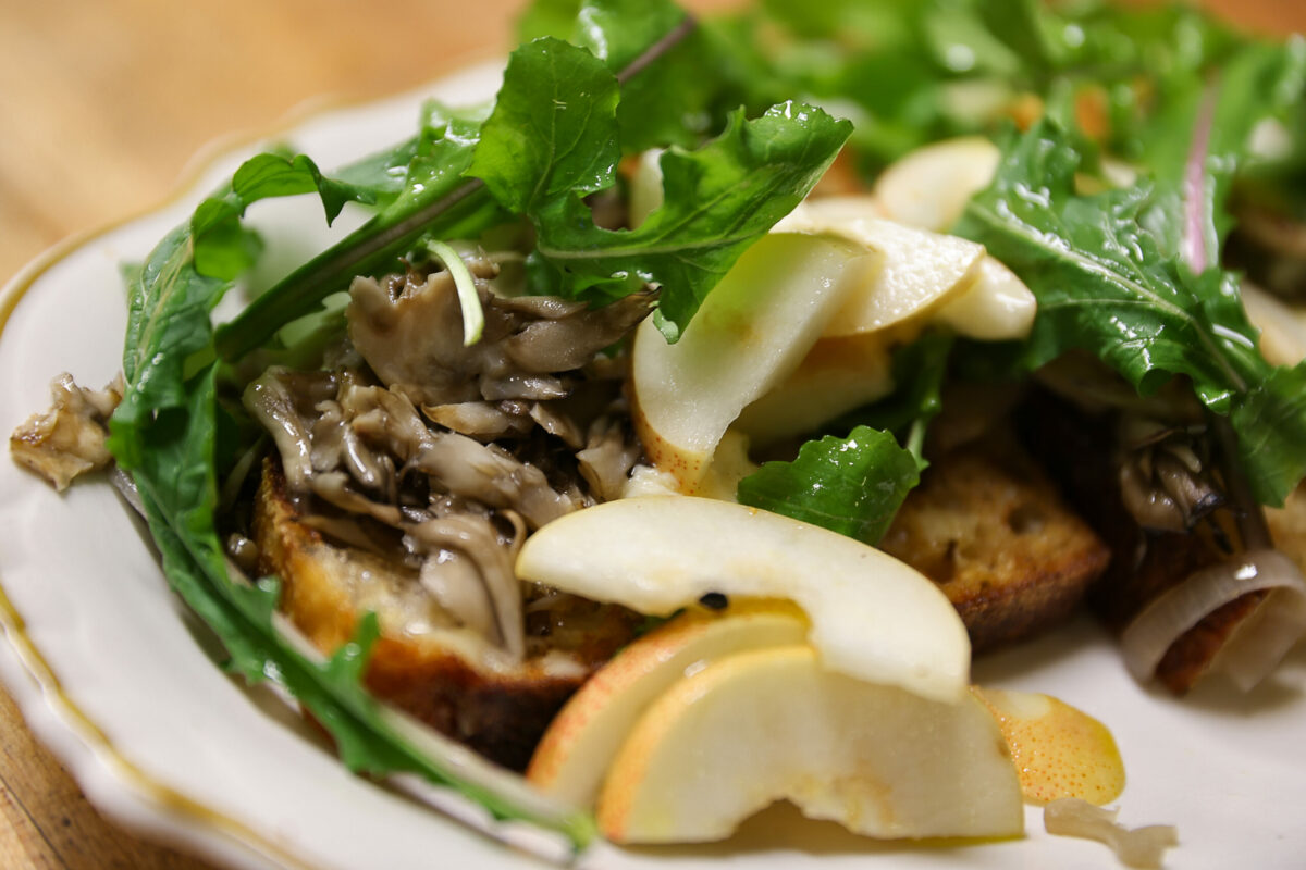 Chicken mushroom & affinois toast with pears & arugula by chef Mark Malicki at de Havilland in Petaluma on Friday, January 12, 2024. (Christopher Chung/The Press Democrat)