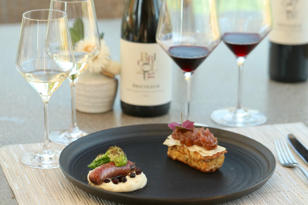 Housemade venison sausage and savory brioche pain perdu prepared by Executive Chef Todd Knoll at Bricoleur Vineyards in Windsor. (Bricoleur Vineyards)