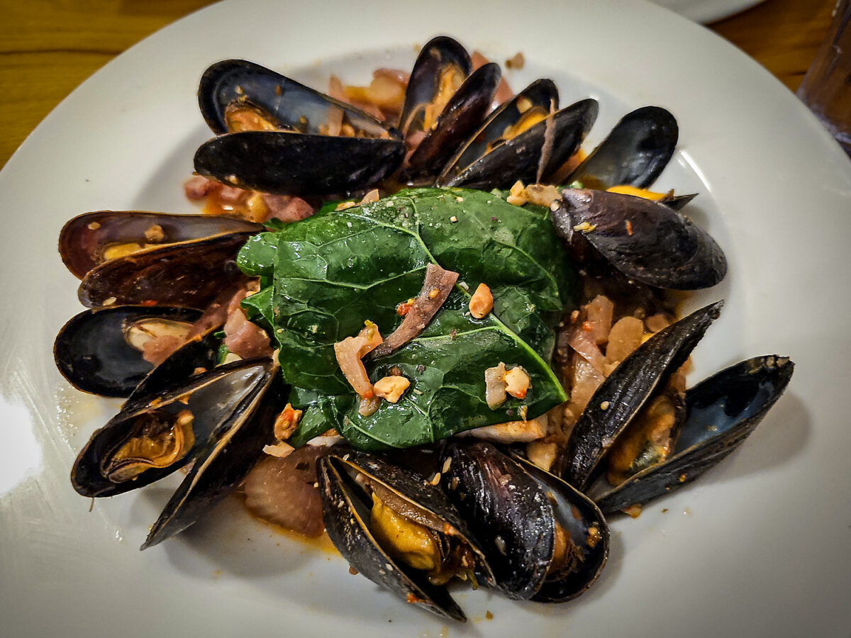 Ling cod with shaved fennel, roasted potatoes and mussels at de Havilland in Petaluma (Heather Irwin/Sonoma Magazine)