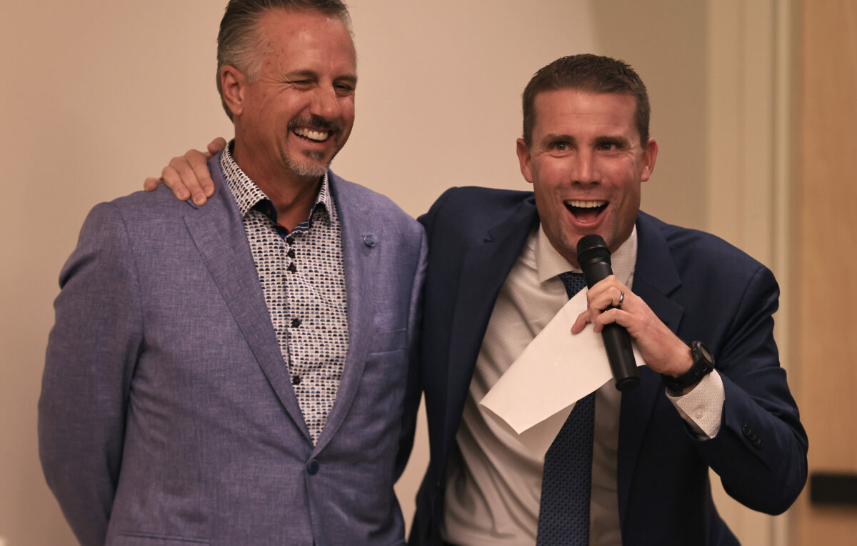 Mike McGuire, the California State Majority Leader, right, shares a laugh with Redwood Credit Union's president and CEO Brett Martinez during a SchoolÕs Rule Sonoma County kickoff fundraiser, Nov. 9, 2023 at RCUÕs headquarters in Santa Rosa. (Kent Porter / The Press Democrat) 