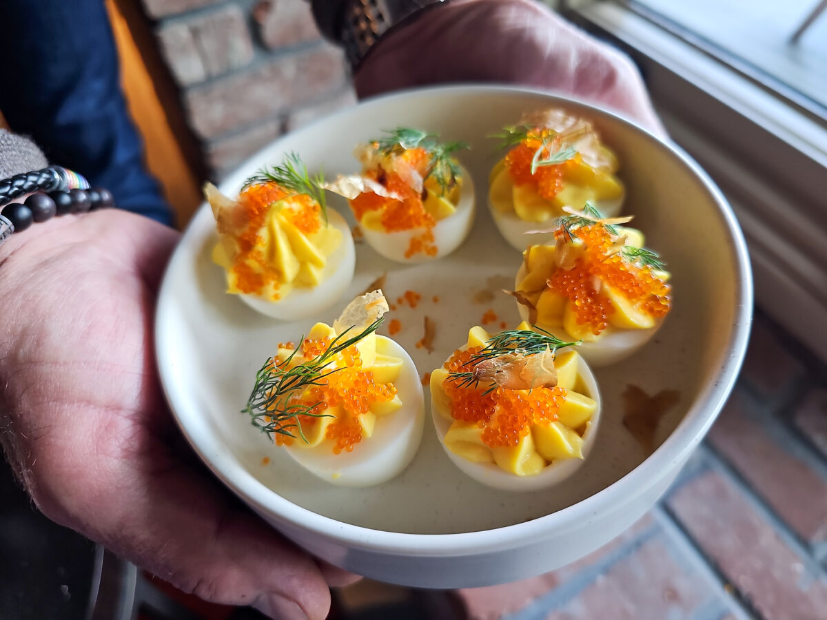 Deviled eggs with tobiko caviar at La Crema Winery in Windsor (Heather Irwin/Sonoma Magazine)