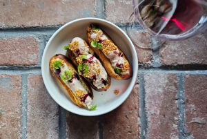 Pork Rillette eclair with pickled mustard seed and pinot noir grape jam at La Crema Winery in Windsor (Heather Irwin/Sonoma Magazine)