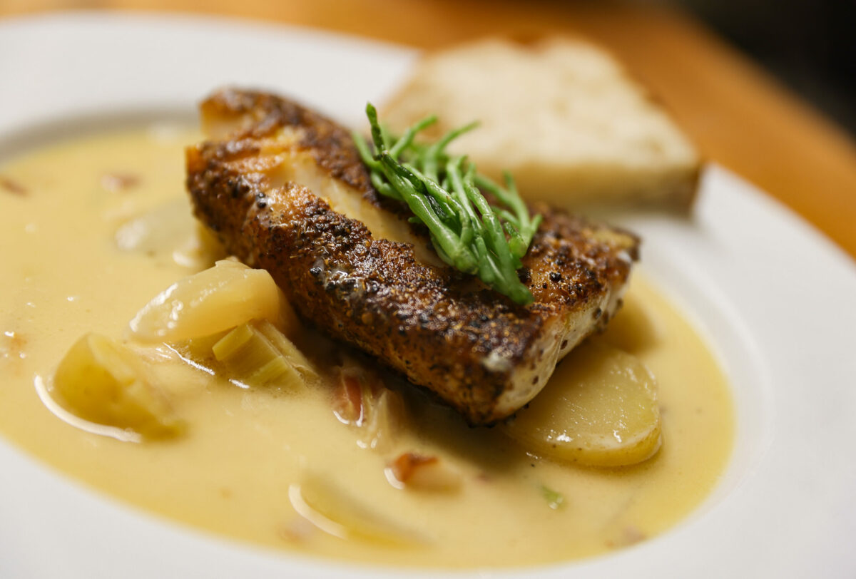 Ling cod and leek choder with fennel & bacon by chef Mark Malicki at de Havilland in Petaluma on Friday, January 12, 2024. (Christopher Chung/The Press Democrat)