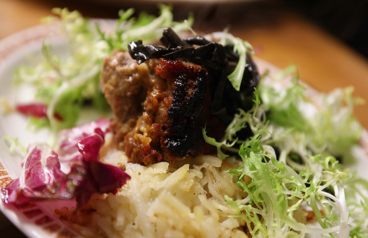 Stemple creek meatloaf, duck fat fried potatoes, black chanterelle butter bath & greens by chef Mark Malicki at de Havilland in Petaluma on Friday, January 12, 2024. (Christopher Chung/The Press Democrat)