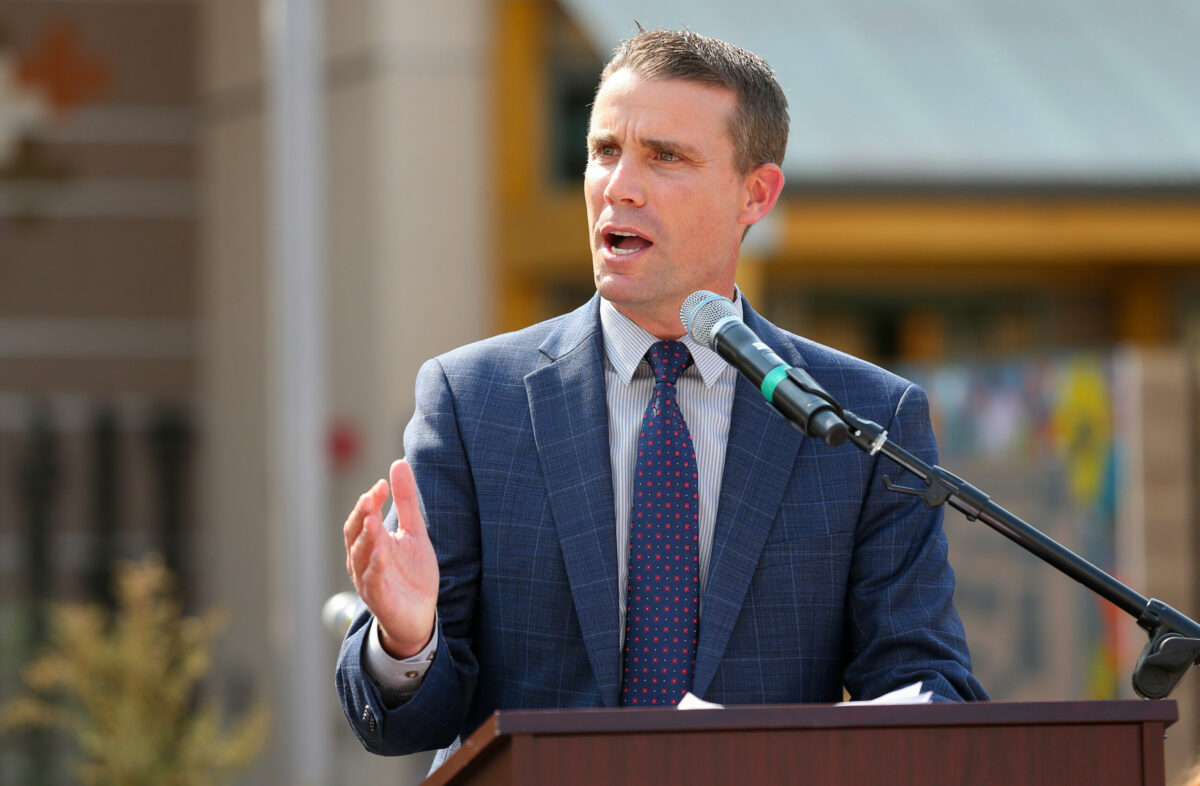 California state Sen. Mike McGuire addresses the crowd Friday, Sept. 9, 2022, during a ceremony for the opening of Caritas Center in Santa Rosa. (Christopher Chung/The Press Democrat)
