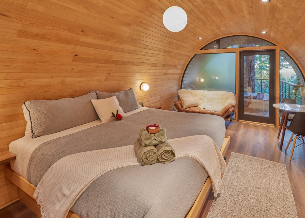 The bedroom in the Spyglass Treehouse in Occidental.